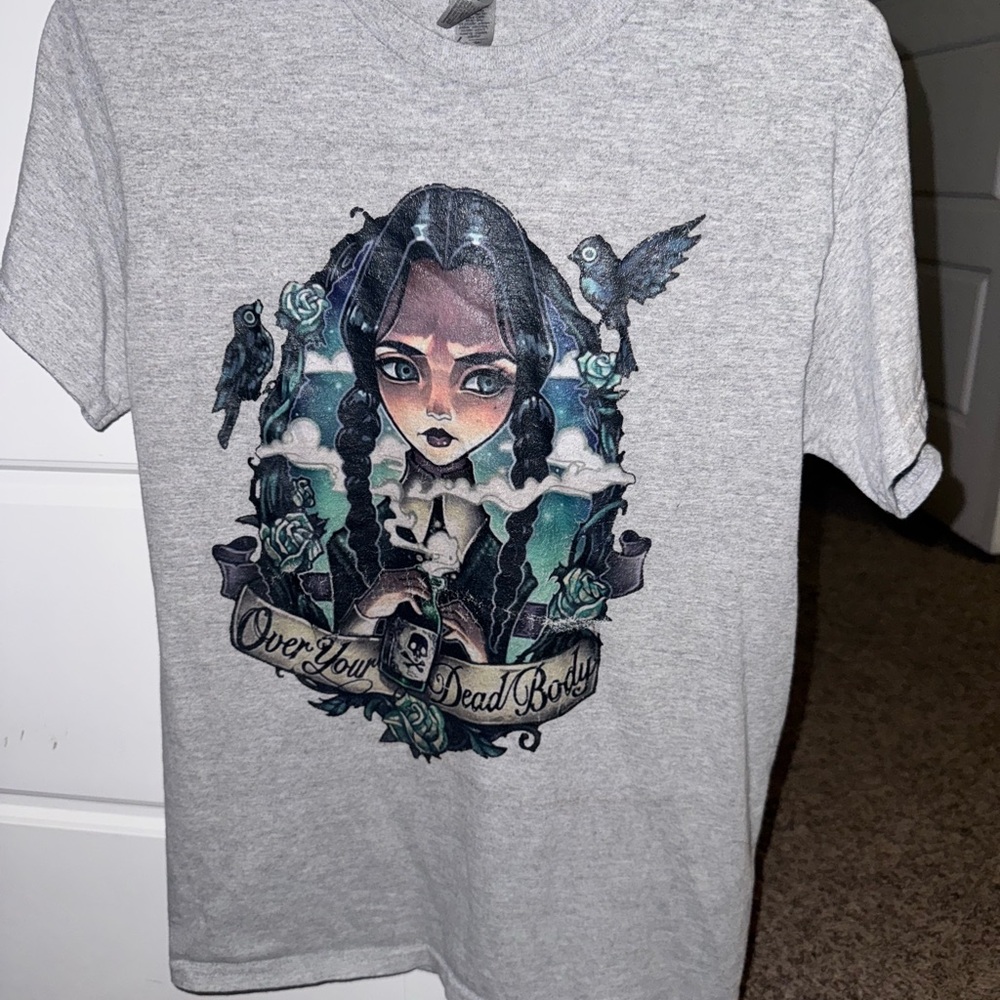 Wednesday Adam’s Over Your Dead Body Gildan Gray Tee with Blue and Black Design